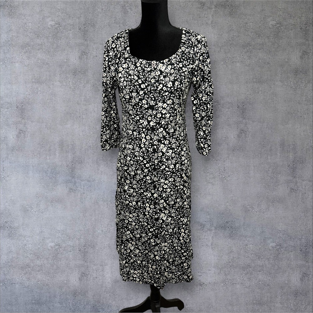 J. Jill Midi Dress Womens S Black White Floral Button Front 3/4 Sleeve Scoop